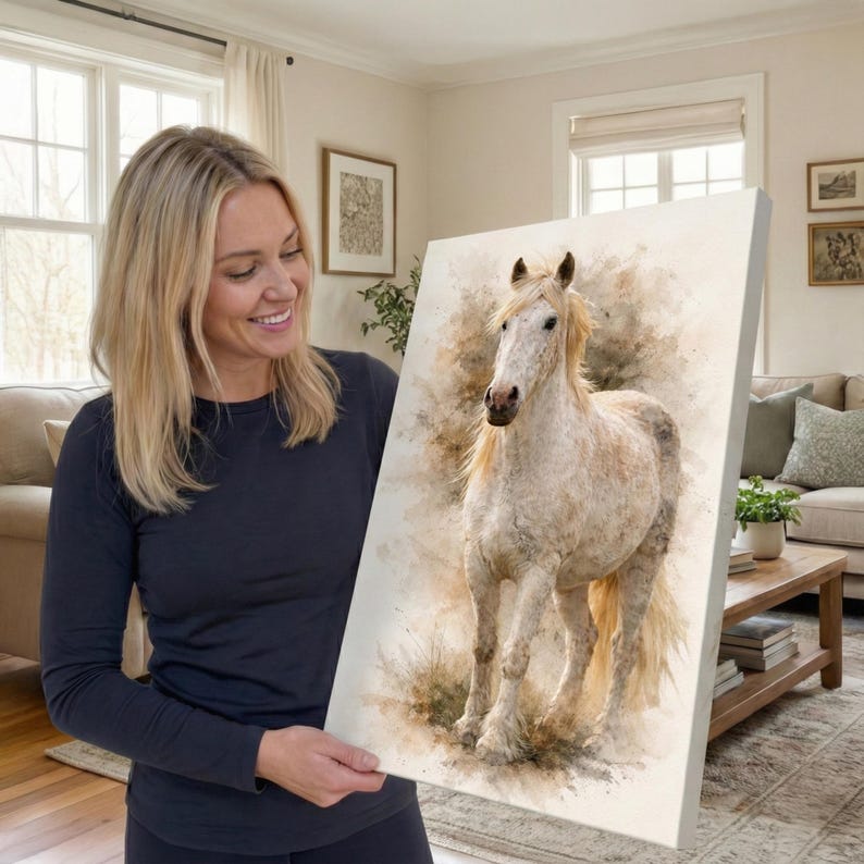 These unique horse gifts for women feature a beautifully crafted custom horse painting, thoughtfully created as meaningful memorial gifts for horse lovers. Designed for those who cherish the equestrian lifestyle, this artwork makes a timeless equestrian gift that captures the strength, grace, and spirit of a beloved horse. Displayed as an elegant horse art print, it adds warmth and character to any space while honoring a special bond.