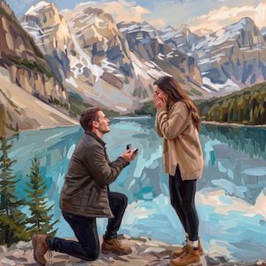 May include: An oil painting depicting a person kneeling on a rocky shore while holding an open ring box toward another person who is covering their mouth with both hands. The scene is set against a backdrop of a turquoise lake and snow-capped mountains.