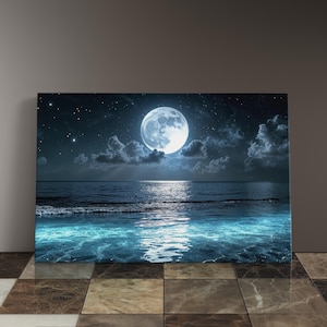 Moonlight Art Coastal Theme Canvas Moon Reflection Night Scene Ocean View Wall Art Gallery Wrapped Print Beach House Style Multiple Size Options Available Maritime Collection Living Room Bathroom Display UV Protected Seascape Water Scene