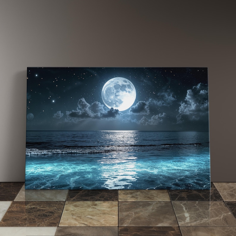 Moonlight Art Coastal Theme Canvas Moon Reflection Night Scene Ocean View Wall Art Gallery Wrapped Print Beach House Style Multiple Size Options Available Maritime Collection Living Room Bathroom Display UV Protected Seascape Water Scene