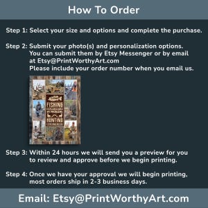 May include: A wooden sign with a collage of hunting and fishing images. The sign has the text "FISHING SOLVES MOST OF MY PROBLEMS, HUNTING SOLVES THE REST." Instructions on how to order are listed above the sign.