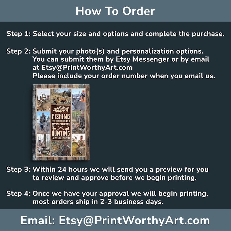 May include: A wooden sign with a collage of hunting and fishing images. The sign has the text "FISHING SOLVES MOST OF MY PROBLEMS, HUNTING SOLVES THE REST." Instructions on how to order are listed above the sign.