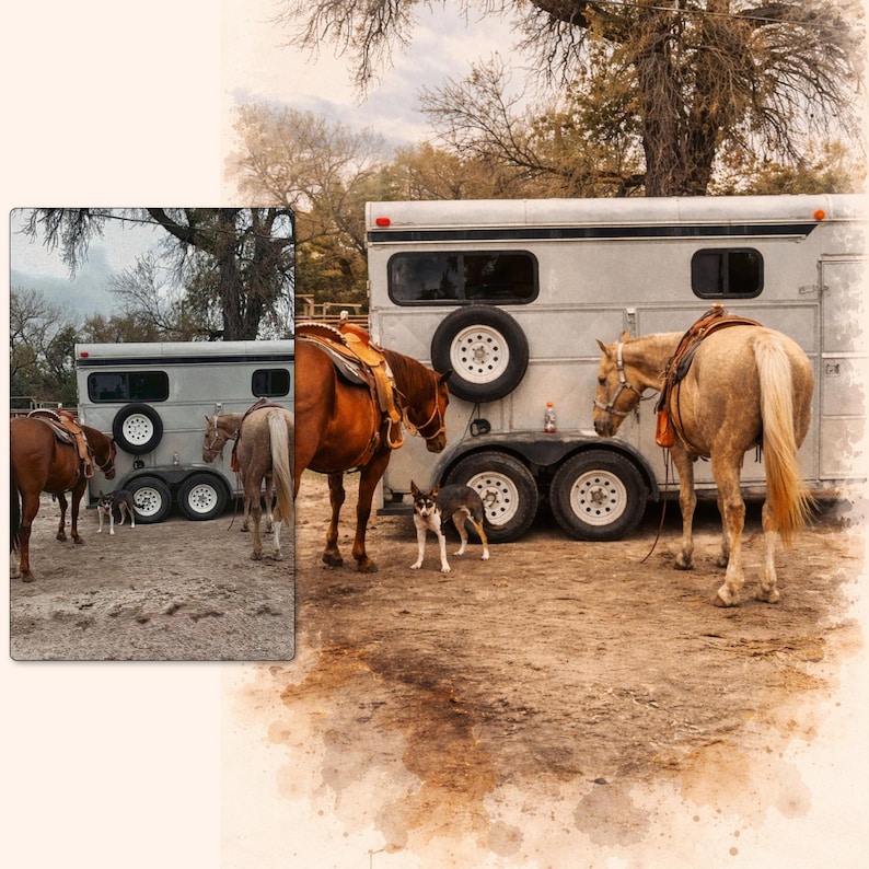 Puede incluir: Escena rural con caballos ensillados cerca de un remolque plateado. Un perro peque&ntilde;o est&aacute; delante de los caballos. El fondo muestra &aacute;rboles y un cielo nublado.