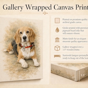 Puede incluir: Impresi&oacute;n en lienzo con ilustraci&oacute;n de un perro beagle en estilo acuarela. El perro tiene pelaje marr&oacute;n y blanco y un collar rojo. El lienzo est&aacute; envuelto alrededor de un marco de madera de 3,8 cm, con el texto "Gallery Wrapped Canvas Prints".