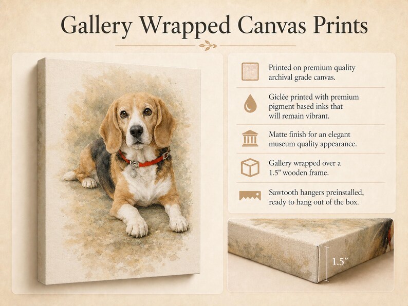 Puede incluir: Impresi&oacute;n en lienzo con ilustraci&oacute;n de un perro beagle en estilo acuarela. El perro tiene pelaje marr&oacute;n y blanco y un collar rojo. El lienzo est&aacute; envuelto alrededor de un marco de madera de 3,8 cm, con el texto "Gallery Wrapped Canvas Prints".