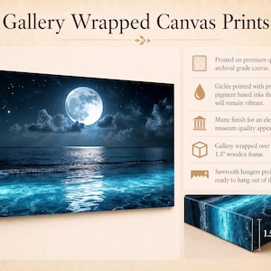 Puede incluir: Impresi&oacute;n en lienzo con galer&iacute;a que representa una escena oce&aacute;nica iluminada por la luna. La obra presenta una luna grande y brillante, nubes oscuras y agua azul brillante. El lienzo est&aacute; envuelto en un marco de madera de 3,8 cm.