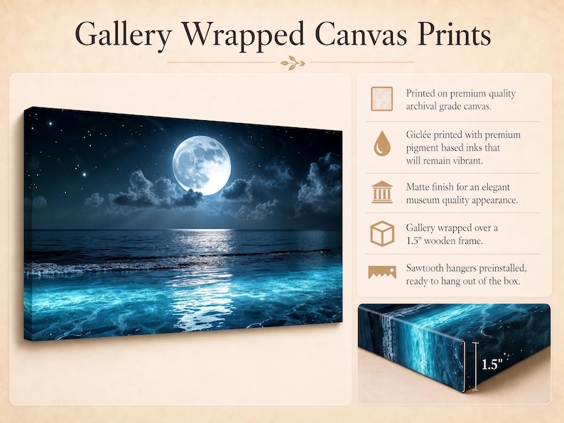 Puede incluir: Impresi&oacute;n en lienzo con galer&iacute;a que representa una escena oce&aacute;nica iluminada por la luna. La obra presenta una luna grande y brillante, nubes oscuras y agua azul brillante. El lienzo est&aacute; envuelto en un marco de madera de 3,8 cm.