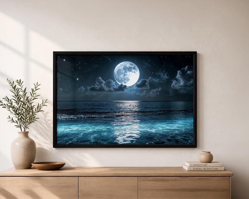 Moonlight Art Moon Ocean Canvas Night Seascape Large Wall Art Coastal Theme Gallery Wrapped Print Maritime Style Bedroom Living Room Bathroom Display Multiple Size Options Available UV Resistant Inks Wood Frame Beach House Collection Water