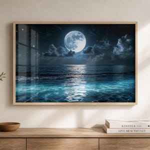 Echoes of a Rising Moon wall decor featuring a serene nighttime ocean scene with a large moon above the horizon, shimmering reflections on the water, starry sky details, and glowing turquoise surf. This Moon Wall Art adds peaceful maritime style to coastal bedrooms, bathrooms, beach houses, or ocean themed interiors.