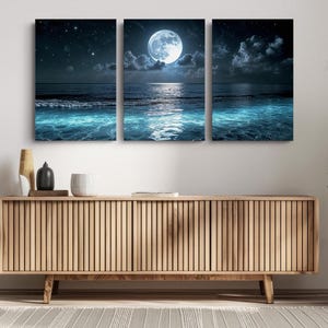 Moonlight Art Moon Ocean Canvas Night Seascape Large Wall Art Coastal Theme Gallery Wrapped Print Maritime Style Bedroom Living Room Bathroom Display Multiple Size Options Available UV Resistant Inks Wood Frame Beach House Collection Water