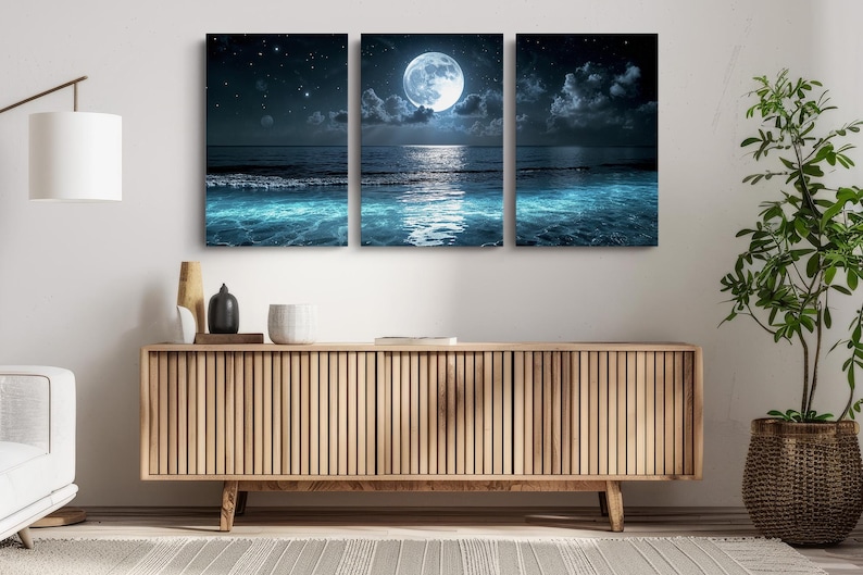 Moonlight Art Moon Ocean Canvas Night Seascape Large Wall Art Coastal Theme Gallery Wrapped Print Maritime Style Bedroom Living Room Bathroom Display Multiple Size Options Available UV Resistant Inks Wood Frame Beach House Collection Water