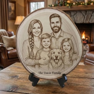 May include: A wood slice with a family portrait engraved on it, displayed on a black stand. The portrait features a man, woman, two children, and a dog. The family name "The Davis Family" is engraved below the portrait.
