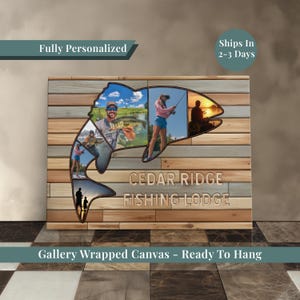 May include: A personalized gallery-wrapped canvas featuring a fish-shaped collage of fishing photos. The canvas is mounted on a wooden plank background. Text includes "CEDAR RIDGE FISHING LODGE" and "Fully Personalized".