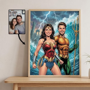 Retrato de cómic de superhéroe personalizado a partir de una foto, regalo de arte retro vintage para pareja, retrato familiar de dibujos animados personalizado, regalo para papá o mamá.