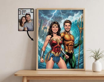 Ritratto di supereroe personalizzato da fumetto, da foto, regalo d'arte retrò vintage per coppia, ritratto di famiglia personalizzato da cartone animato, regalo per papà o mamma