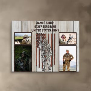 Patriotic Military Canvas Art Premium Photo Display Custom Veteran Tribute Gallery Wall Presentation Service Member Recognition Beautiful Family Collection American Flag Background Wood Frame Construction Multiple Size Options Quality Gift