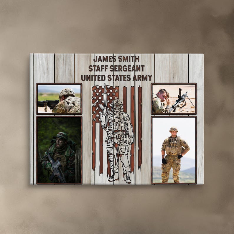 Patriotic Military Canvas Art Premium Photo Display Custom Veteran Tribute Gallery Wall Presentation Service Member Recognition Beautiful Family Collection American Flag Background Wood Frame Construction Multiple Size Options Quality Gift
