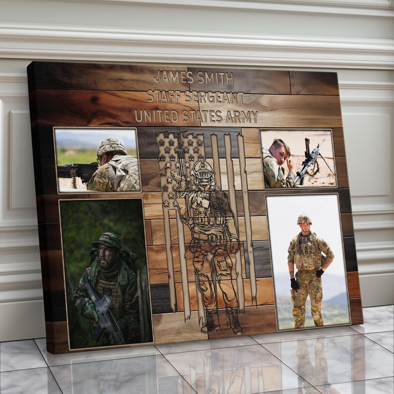 Custom Military Tribute Canvas Premium Photo Gallery Service Member Recognition Wall Art Display Family Memory Collection Personalized Text Options American Flag Background Multiple Size Choices Quality Construction Beautiful Patriotic