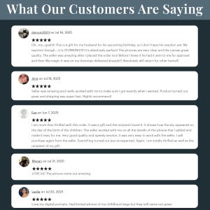 Puede incluir: Gr&aacute;fico verde oscuro con el texto "What Our Customers Are Saying" en la parte superior. Debajo, rese&ntilde;as de clientes con calificaciones por estrellas y comentarios sobre sus compras. Las rese&ntilde;as est&aacute;n en cuadros blancos.