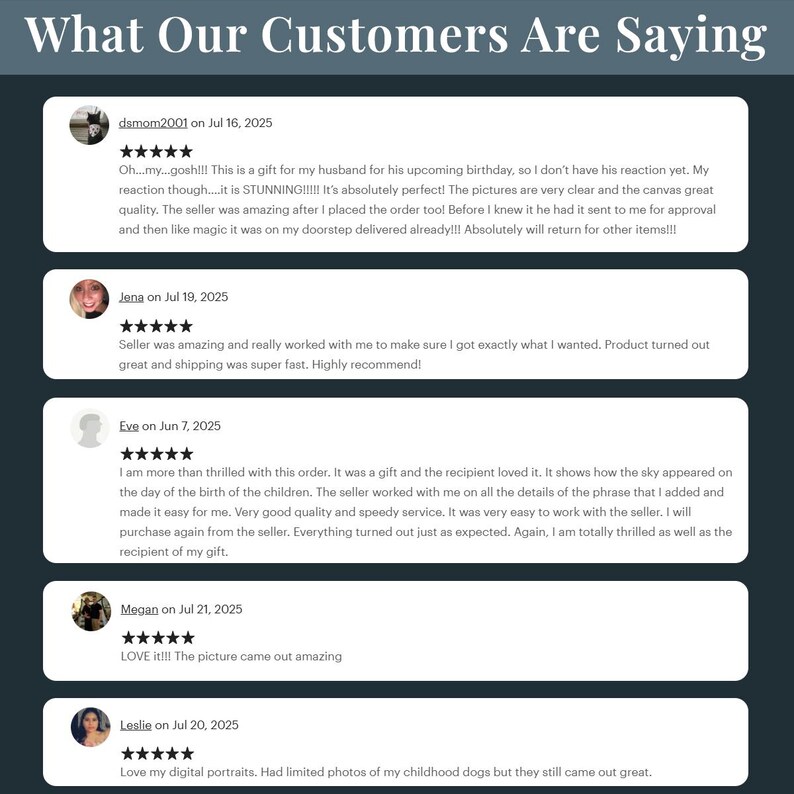 Puede incluir: Gr&aacute;fico verde oscuro con el texto "What Our Customers Are Saying" en la parte superior. Debajo, rese&ntilde;as de clientes con calificaciones por estrellas y comentarios sobre sus compras. Las rese&ntilde;as est&aacute;n en cuadros blancos.
