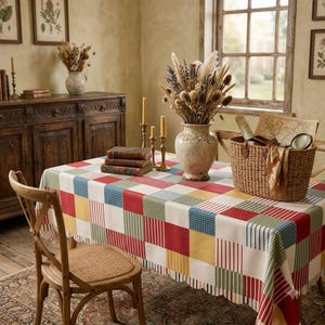 Colorful Patchwork Tablecloth, Multicolor Checkered Table Cover, Vintage Farmhouse Table Linen, Retro Geometric Dining Decor