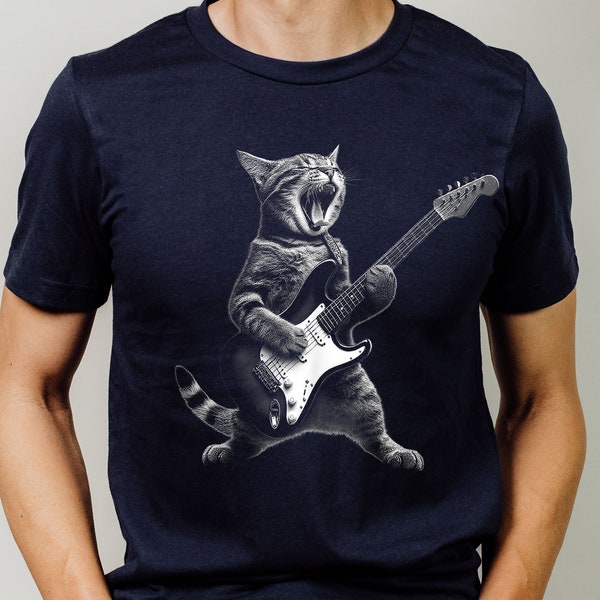 Rock Cat Playing Guitar Tshirt, Funny Playing Guitar Cat Shirt, Gift For Cat Lovers and Rock Lovers