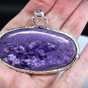 Handmade Large Charoite Pendant, Sterling Silver Flower Bail