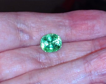 May include: A green oval-shaped gemstone with a slight shimmer.