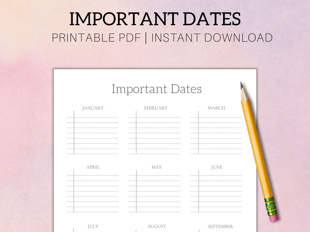 Important Dates Year at a Glance Birthday Tracker Yearly Overview ...