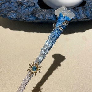 Blue Witch Wand, Crystal Wand, Gemstone Magic Wand, Cosplay Prop, Halloween Costume Wands, Rose Wizard Wands, Godmother Wand