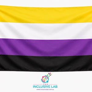 May include: Non-binary pride flag featuring horizontal stripes of yellow, white, purple, and black. The flag is displayed against a white backdrop. The Inclusive Lab logo is visible in the bottom right corner.
