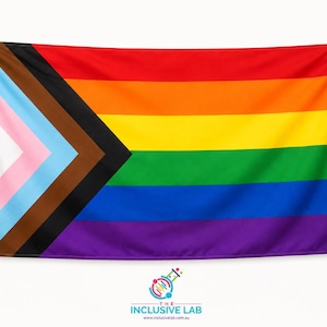 May include: A large Progress Pride flag, rectangular in shape, with a white hoist and a chevron of pink, light blue, brown, and black. The flag displays the rainbow stripes of red, orange, yellow, green, blue, and purple.