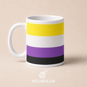 May include: A white ceramic mug featuring a horizontal striped pattern in yellow, white, purple, and black. The mug has a curved handle on the left side. Below the mug, the text "THE INCLUSIVE LAB" is printed in white with a small icon above it.