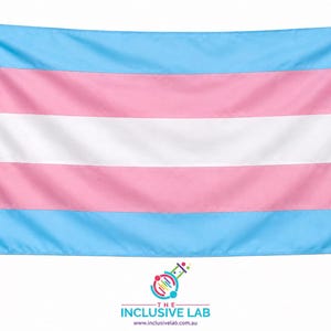 May include: A rectangular flag featuring horizontal stripes of light blue, pink, white, pink, and light blue. The flag has a white border with brass eyelets on the left. The Inclusive Lab logo is at the bottom.