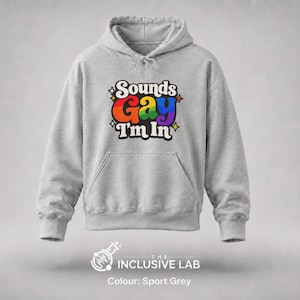 Puede incluir: Una sudadera con capucha de color gris deportivo que cuenta con un bolsillo tipo canguro frontal y un estampado gráfico que dice Sounds Gay I'm In en letras coloridas inspiradas en el arcoíris con pequeños detalles de estrellas.