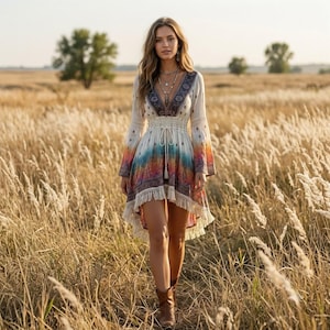May include: A long-sleeved dress featuring a deep V-neckline, a cinched waist with a drawstring tie, and a high-low hemline finished with fringe. The fabric displays a gradient pattern of cream, blue, orange, and purple with intricate detailing.