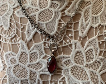 Silver chain Necklace Signed AK with red stone Pendant....A