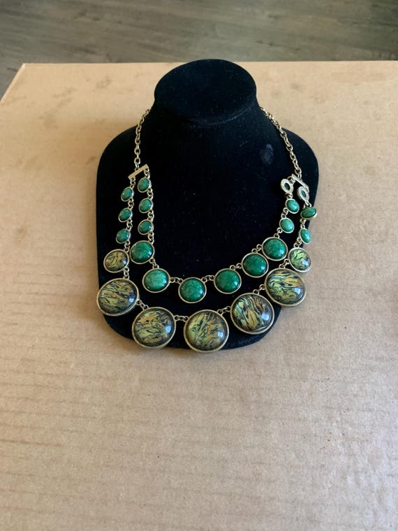 Two Stranded Green Abstract Cabochon Beaded Necklace
