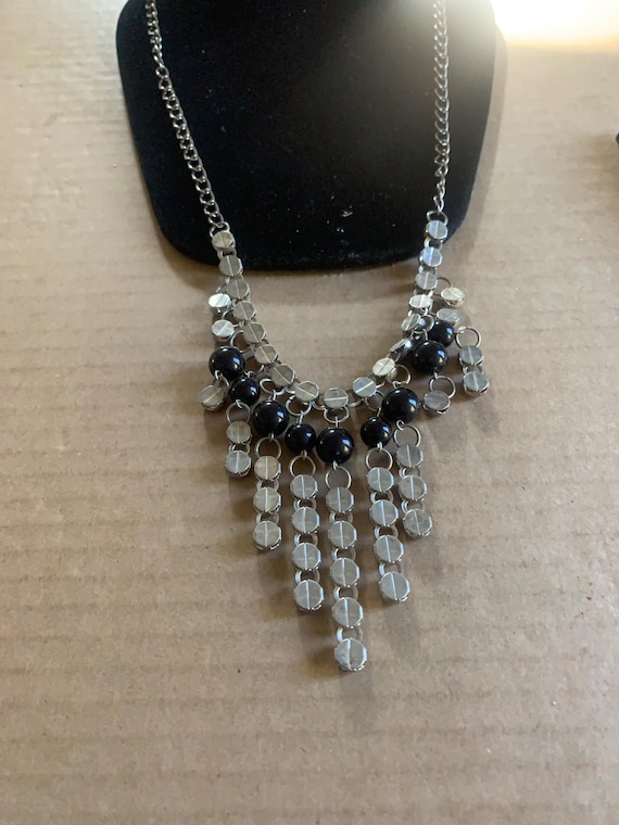 Silvertone Black Beaded Bib Necklace