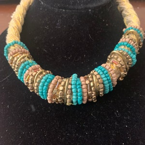 17 Inch Braided Mixed Material Gold and Cream Textiled Choker