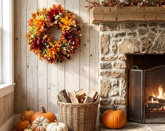 May include: A round autumn wreath featuring orange, red, and yellow faux leaves and flowers hangs on a light wood wall. Below, a woven wicker basket holds firewood, surrounded by several orange and white pumpkins on the floor.