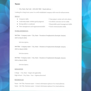 Może przedstawiać: Szablon CV z nagłówkami: Imię i nazwisko, Umiejętności, Doświadczenie zawodowe, Wykształcenie i Referencje. Szablon zawiera sekcje na informacje osobiste, nazwy stanowisk, nazwy firm, daty zatrudnienia, opisy stanowisk, informacje o uczelniach i szkołach średnich oraz dane kontaktowe referentów.