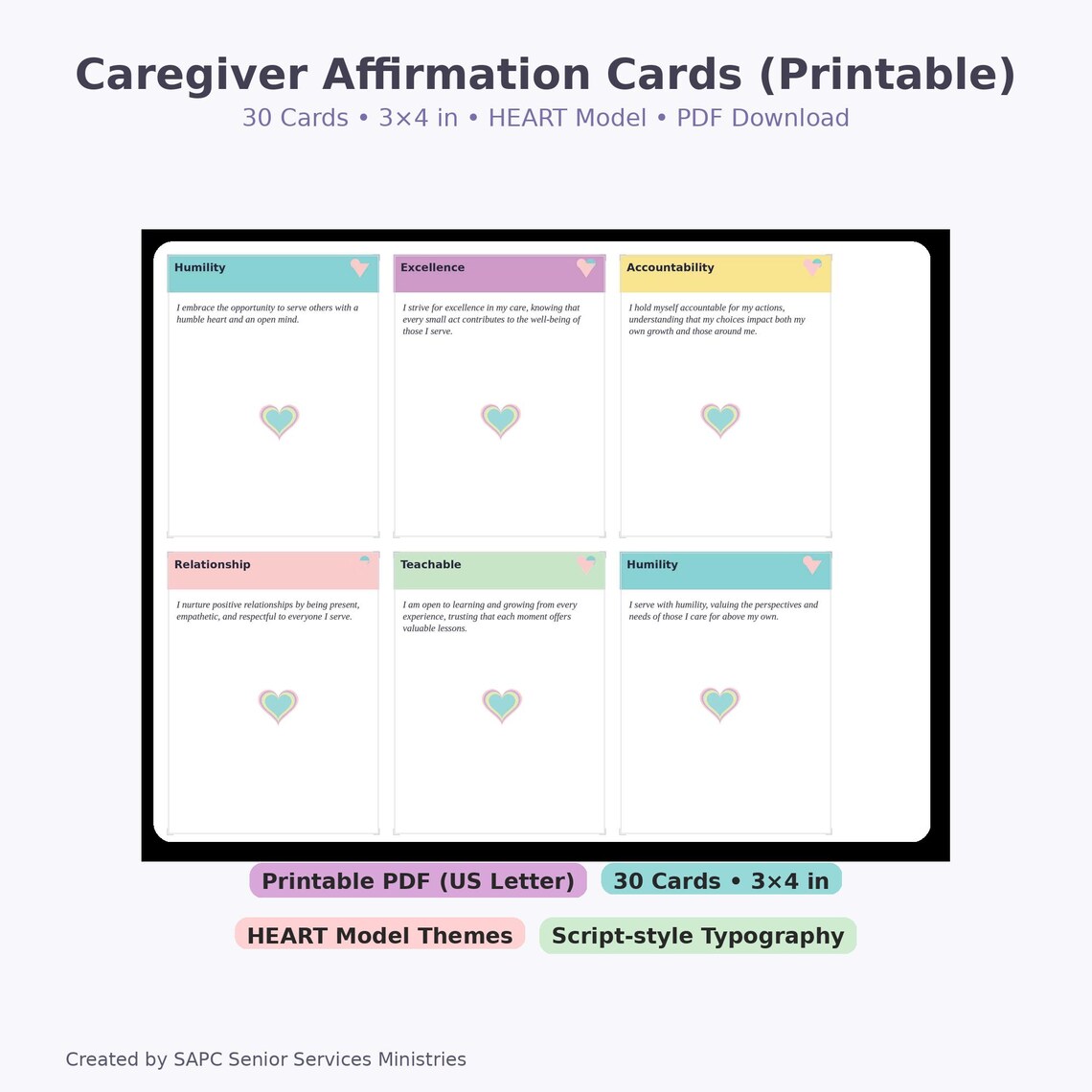 30 Printable Caregiver Affirmation Cards • HEART Model Self-care • PDF ...