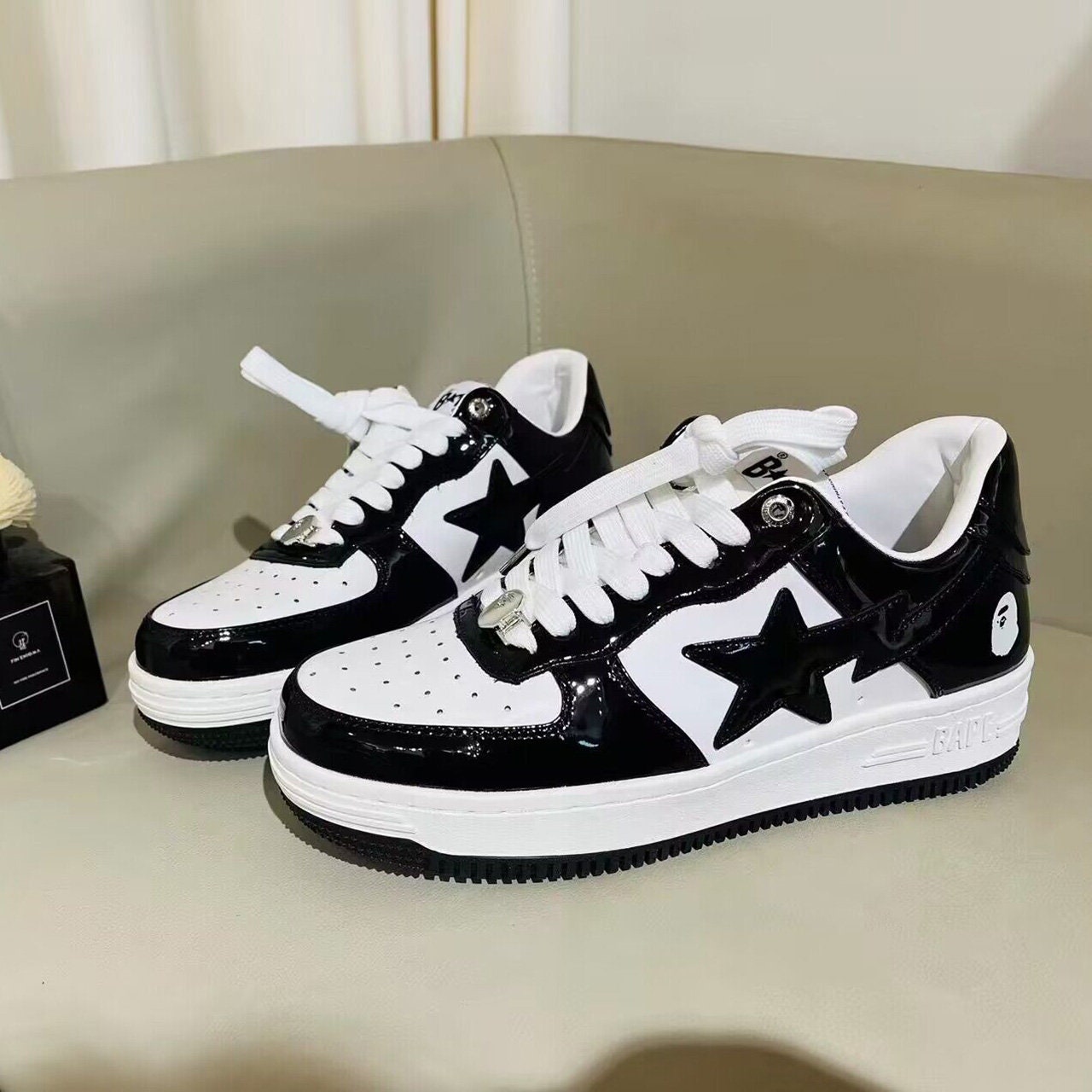 High Quality Bape Shoes Men Black and White Patent Leather - Etsy Finland