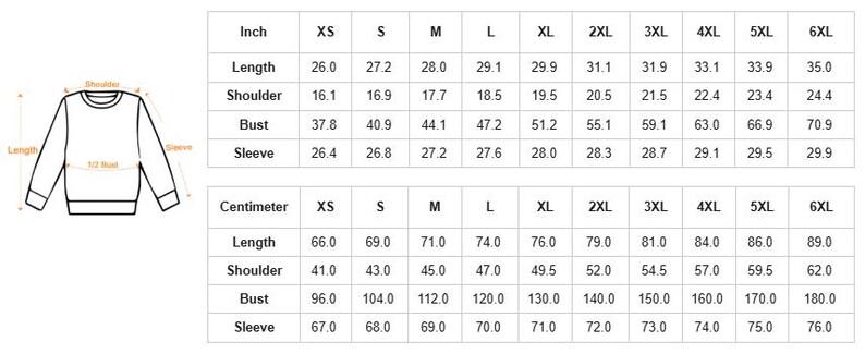 May include: A size chart for a long-sleeve sweatshirt featuring a black line drawing of the garment with labels for length, shoulder, bust, and sleeve. Two tables provide measurements in inches and centimetres for sizes XS through 6XL.