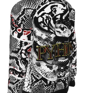 May include: A long-sleeve sweatshirt featuring a black, white, and grey snakeskin pattern. The back displays a large graphic of a coiled python with red accents and the word PYTHON printed in yellow letters with a red outline and black shadow.