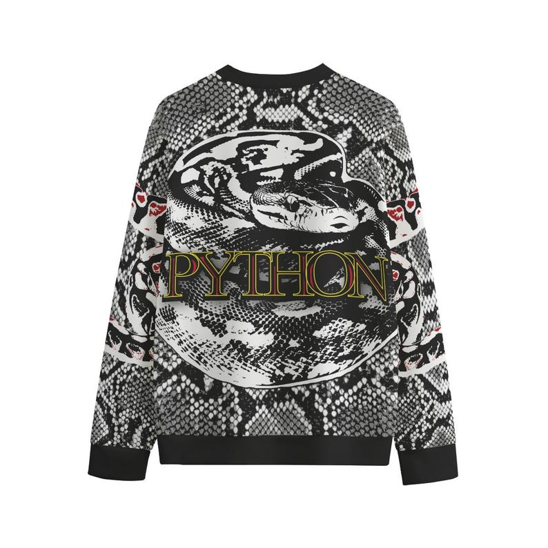 May include: A long-sleeve sweatshirt featuring a black and white snakeskin pattern throughout. The centre displays a large, circular graphic of a coiled python with the word PYTHON printed in yellow and red lettering across the snake's body.