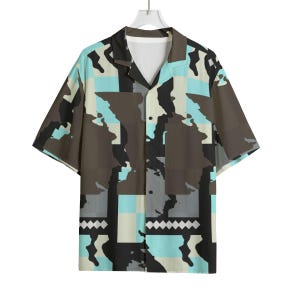 Abstract Shapes Random Checker Camp Shirt – Color Block Modern Print Rayon Button Down