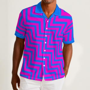 Miami Zig Zag Retro Geometric Hawaiian Style Men&#39;s Button Up Abstract All Over Print Fun Party Button Down Shirt for Summer Party Or Rave