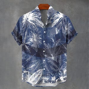 Hawaiian Party Shirt All Over Print Gift For Him or Her Floral Blue Retro Pattern White Flower Cotton Shirt.
